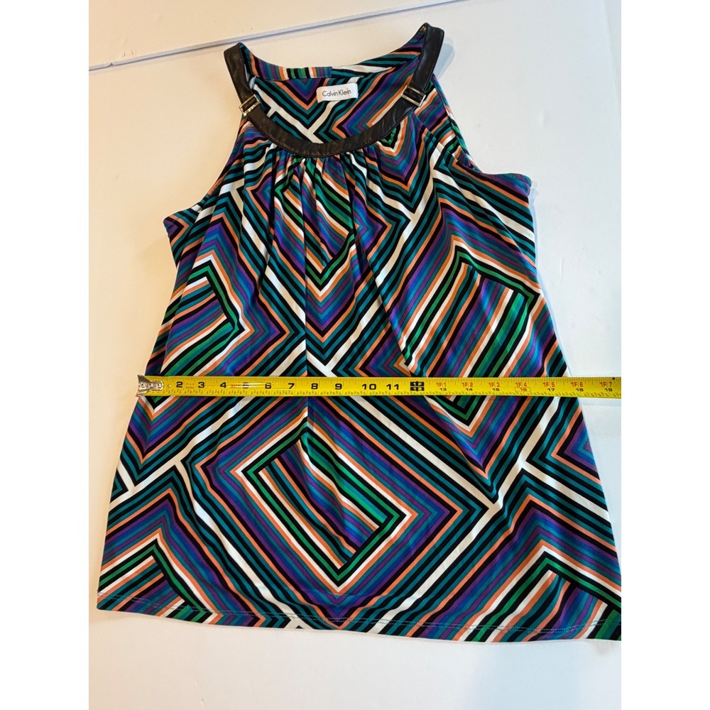 Calvin Klein Geometric Chevron Halter Top Faux Leather Trim Multi Color Blouse M - Picture 5 of 6